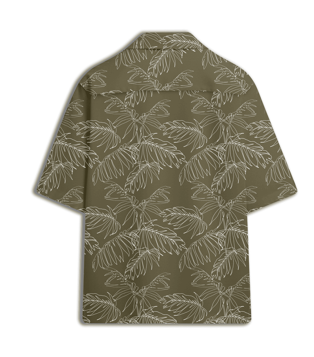 Sketched Tropical Leaf Printed Cuban Collar Shirt