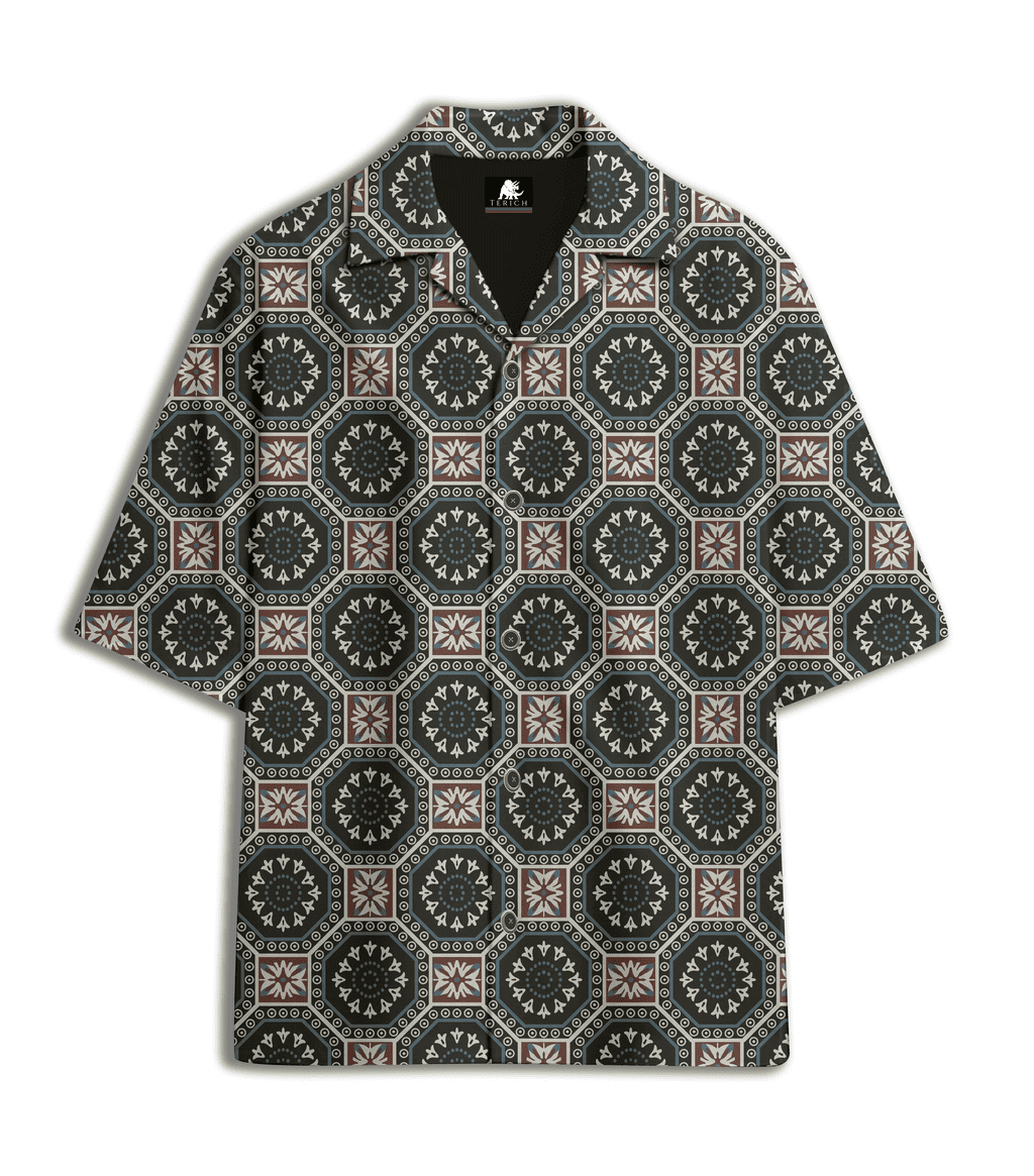 Ornate Tile Printed Cuban Collar Shirt