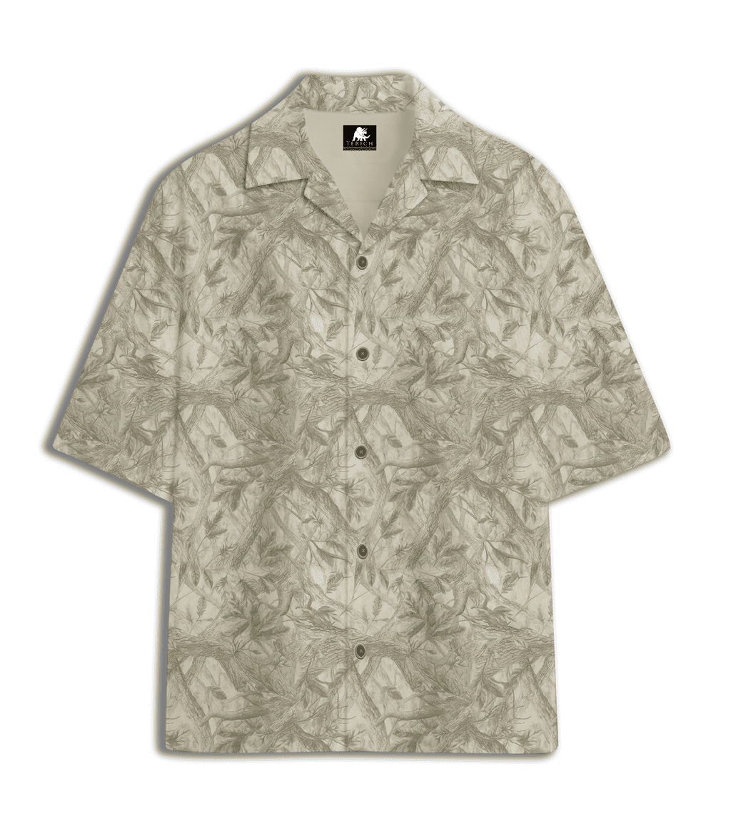 Sketched Leaf Printed Cuban Collar Shirt
