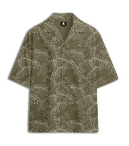 Sketched Tropical Leaf Printed Cuban Collar Shirt