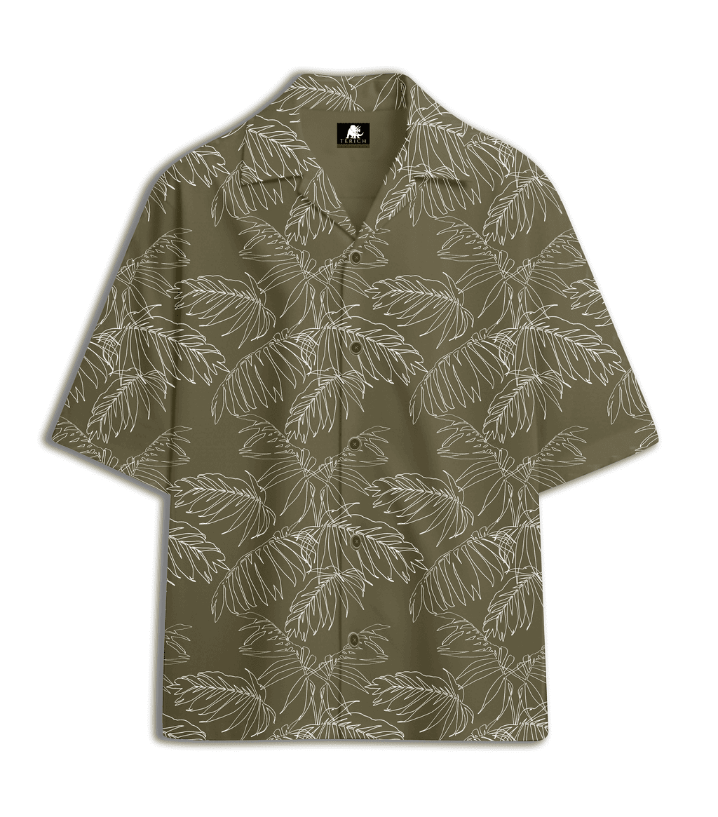 Sketched Tropical Leaf Printed Cuban Collar Shirt